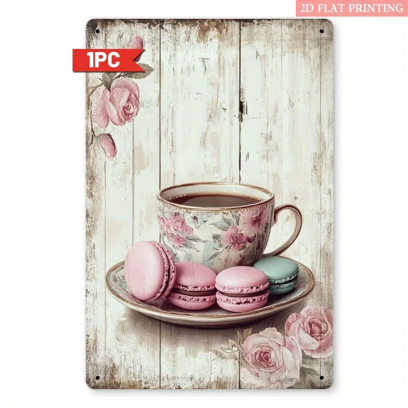 2D Flat, 2D Flat Design, Vintage Metal Sign, 2D Flat Shape, Single Piece, Tea and Macaron Iron Art Decorative Plaque, 20x30cm Vi