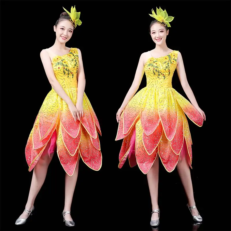 Pink Lotus Dance Dress For Women Stage Performance Chinese Flower Dance Costume Yellow Green Modern Dance Styles