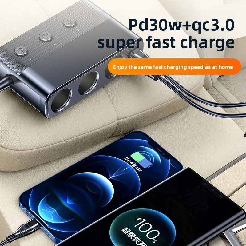 Universal 3 Sockets Power Adapter With 3 Switch Cigarette Lighter Splitter Quick Charge 3.0+PD+2 USB 128W Car Charger 12V/24V