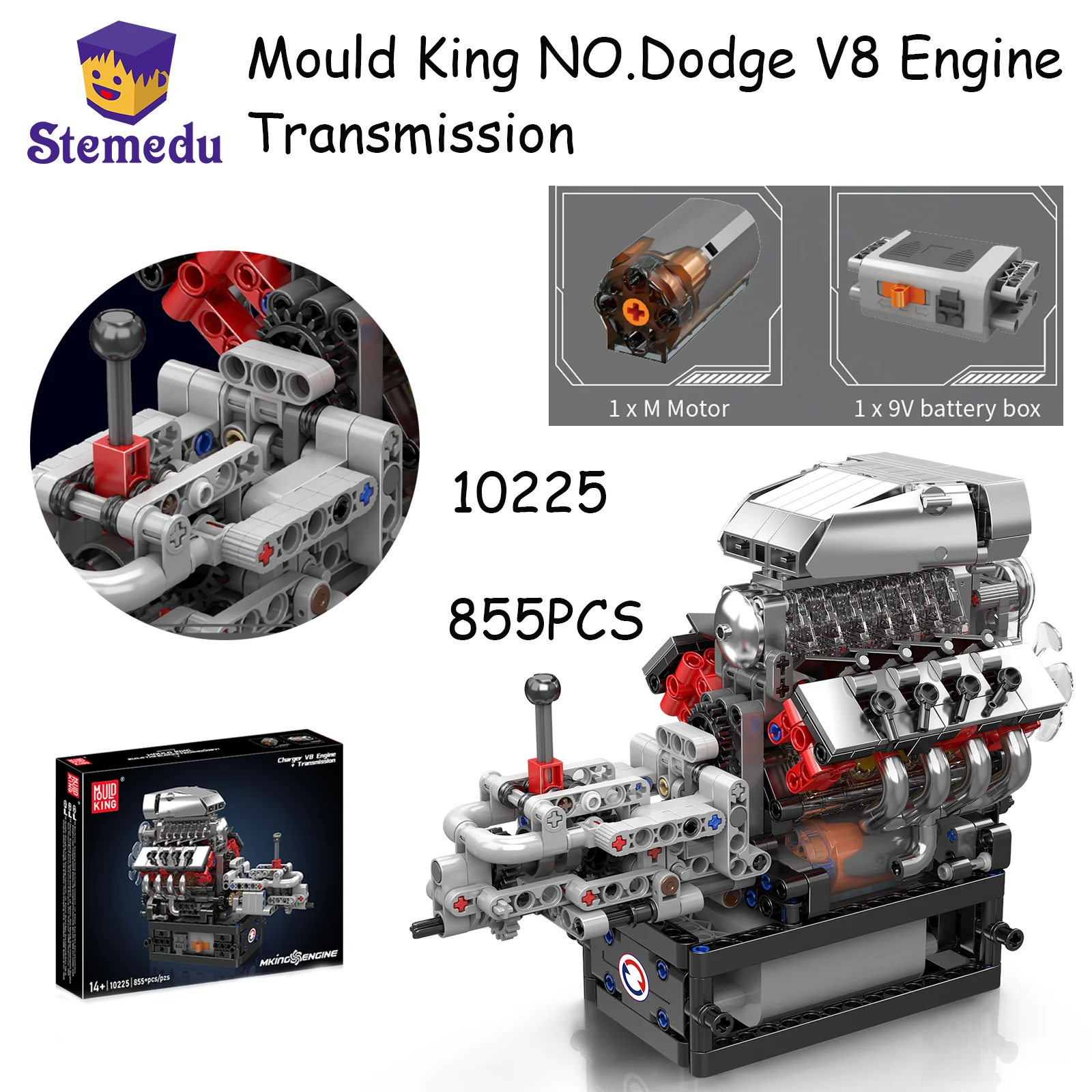 

855pcs Mould King 10225 NO.Dodge V8 Engine Model Transmission DIY Building Blocks Parts Set Brick Assembly Engine Brick Toy Gift