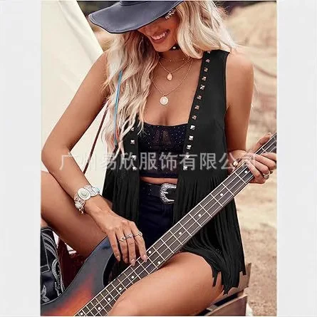 Women Fringe Suede Vest 70s Hippie Fringed Jacket Cardigan Evening Dress