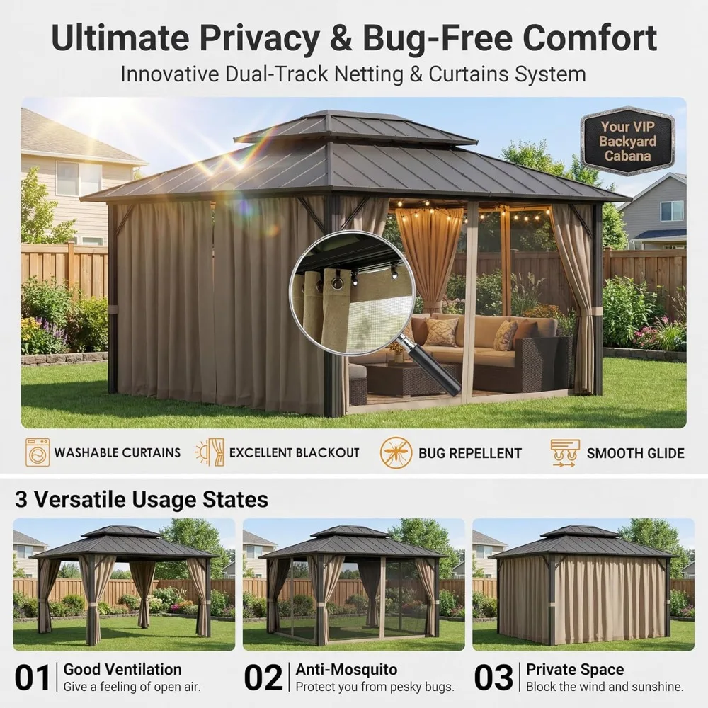 

10' x 12' Metal Hardtop Gazebo,Aluminum Outdoor Deck Gazebo with Mosquito Netting&Curtains, Permanent Pavilion, Customized