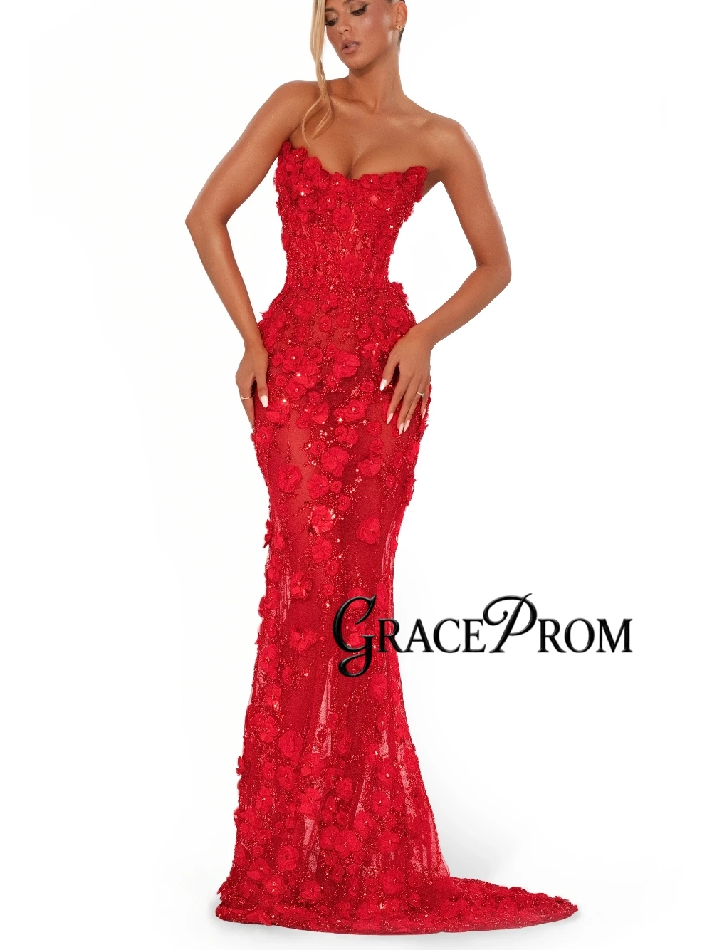 

Red Floral Mermaid Evening Dress Glitter Beaded Strapless Sheer Customized Prom Gown Glamorous Celebrity Party Women Wear