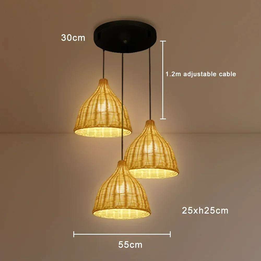 3 Heads Chinese Style Pendant Light Handmade Bamboo Hanging Rattan Lamps Pendant Bamboo Weaving Rattan Lampshade for Home Decor