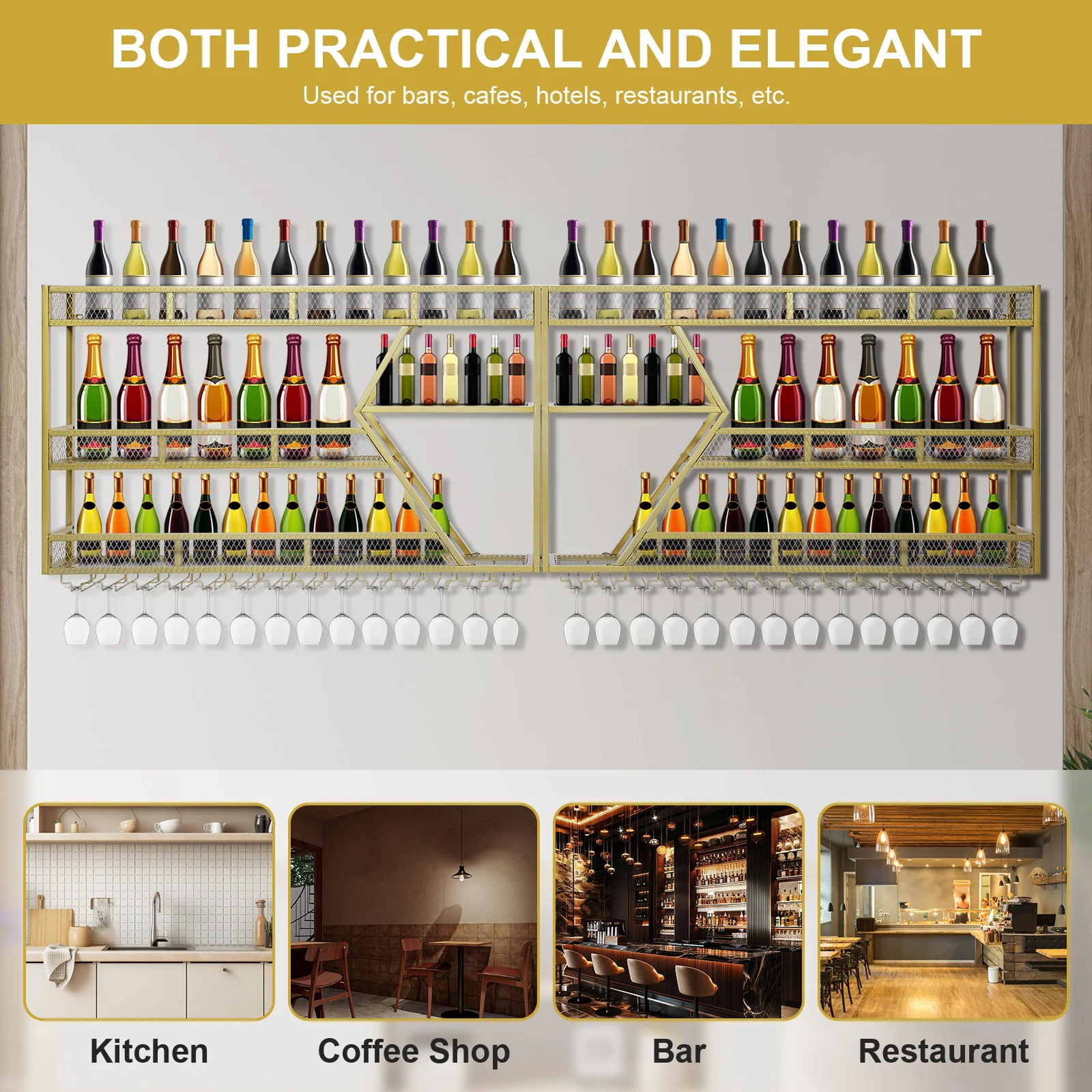 

Metal Wine Bottles Storage Display Storage Shelf with Glass Holder Hanging Bar Liquor Storage Rack for Home Dining Room Kitchen