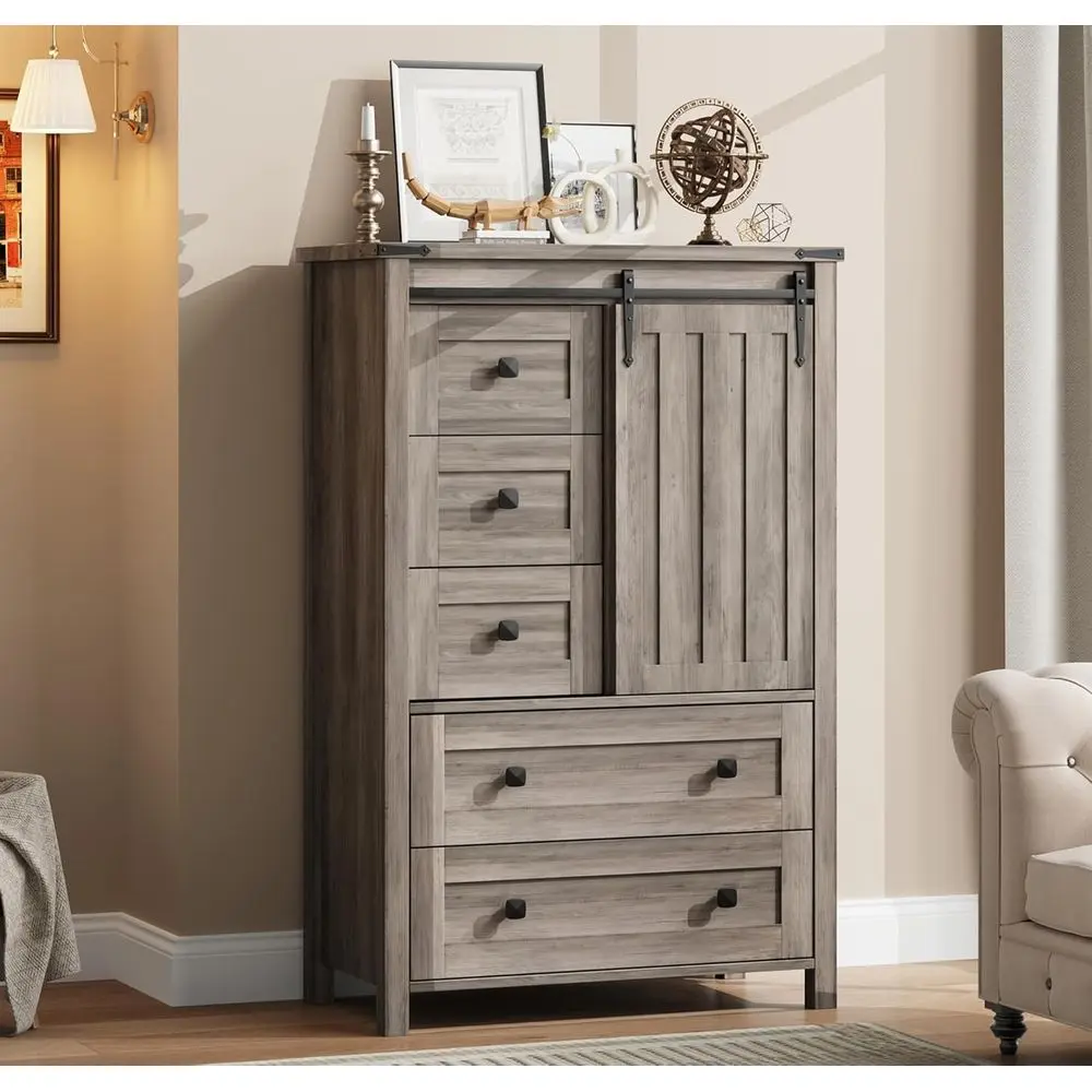 DAFIFY Cômoda com 5 gavetas, 48 baús alto de madeira com porta deslizante de celeiro, prateleira ajustável, organizador de armazenamento para quarto, corredor, Li