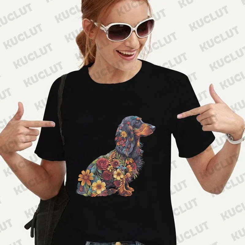 Floral Dachshund Shirt Women Harujuku Summer T-shirt Casual Female Tees for Lady Short Sleeve Y2k Tops Harajuku Female Clothing