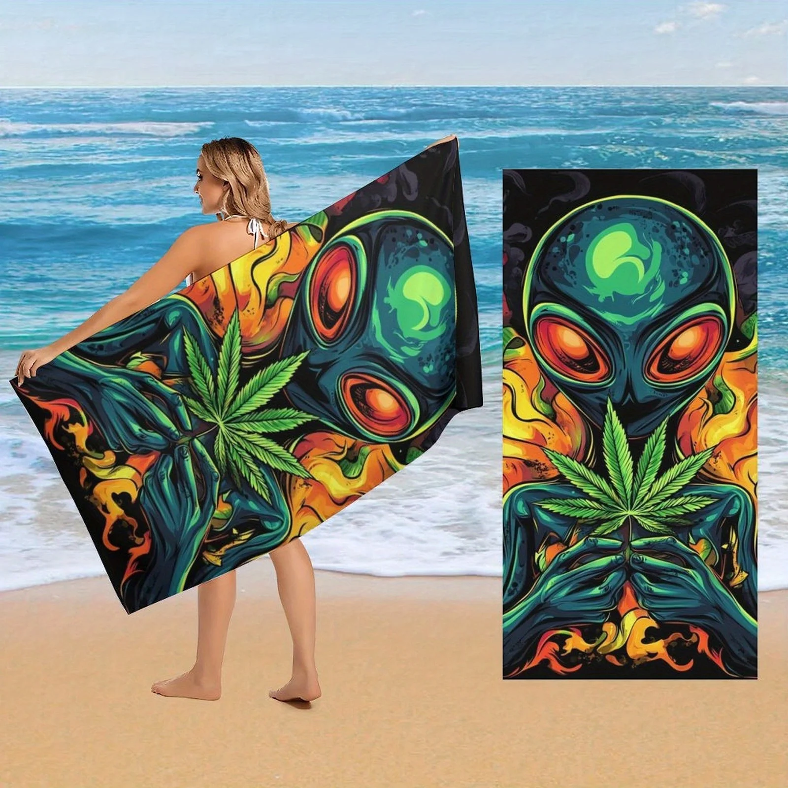 Alien with Cannabis Leaf Themed Beach Towel - Super Absorbent Quick-Dry Microfiber, Lightweight & Durable for Beach, Pool