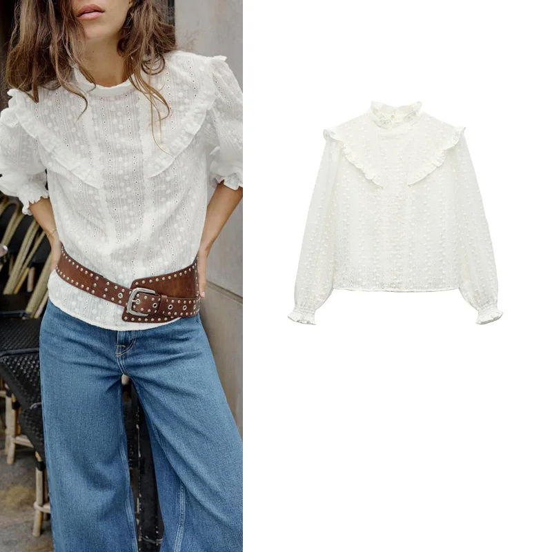 

Romantic Sle Women's irt Hollow Embroidery Stand Collar ort Sve White Spring New Arrival Polyester Fiber 00%