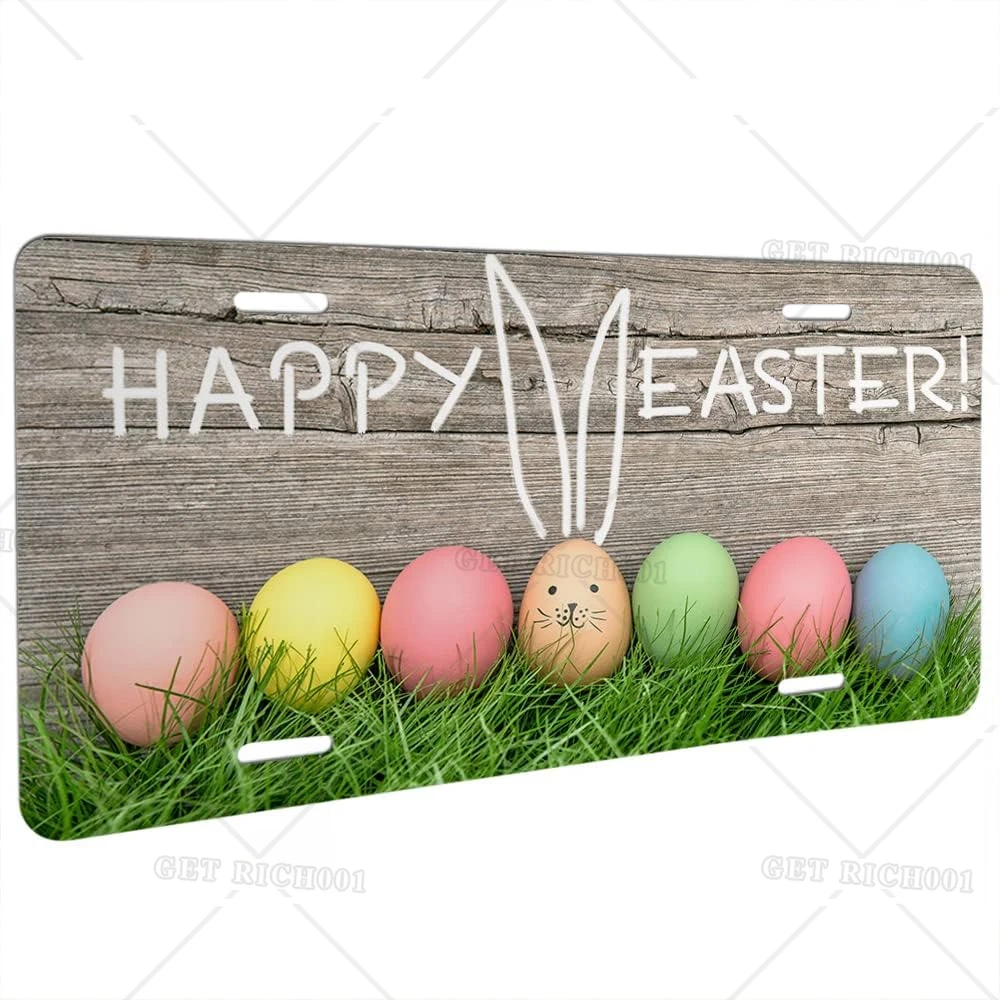 Happy Easter Car Front License Plates Colorful Easter Eggs Bunny Ears Grass Wooden Aluminum Metal Car Tag 6X12 Inch