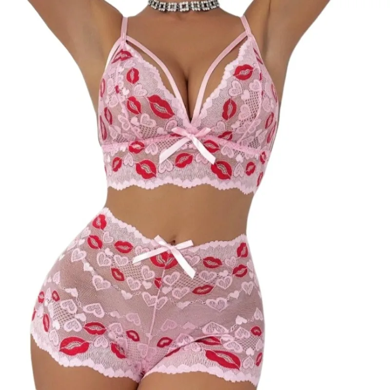 Tornova Red Lips Printing Sexy Lace Underwear Set Slim Highwaisted Exposed Navel Hollow Out See-through Embroidery Underwear Set