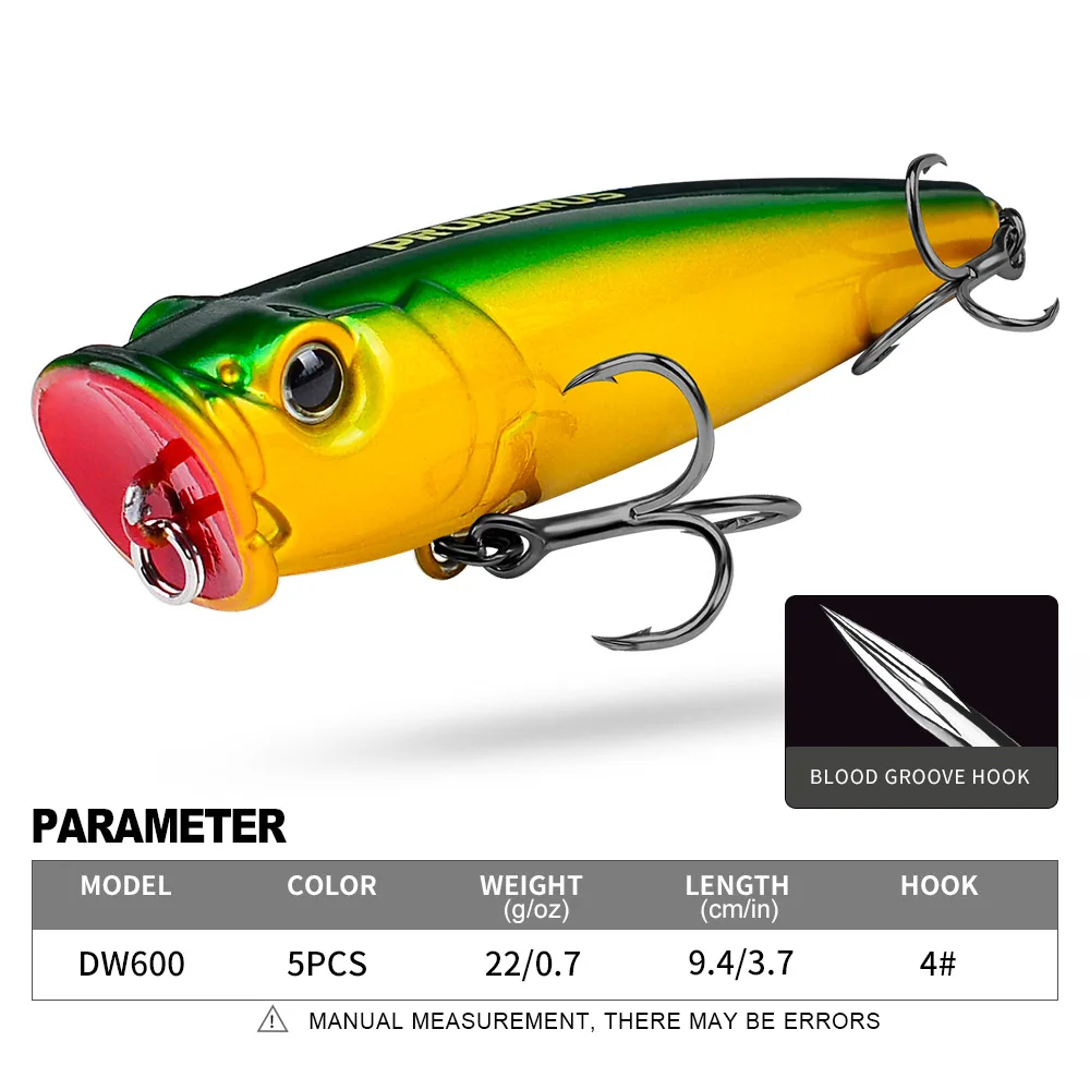 

PROBEROS 1pcs Fishing Lure 22g 9.4cm Hard Artificial Popper Lure 5 Color Crankbait Minnow Fishing Bait 4# Treble hook dw600