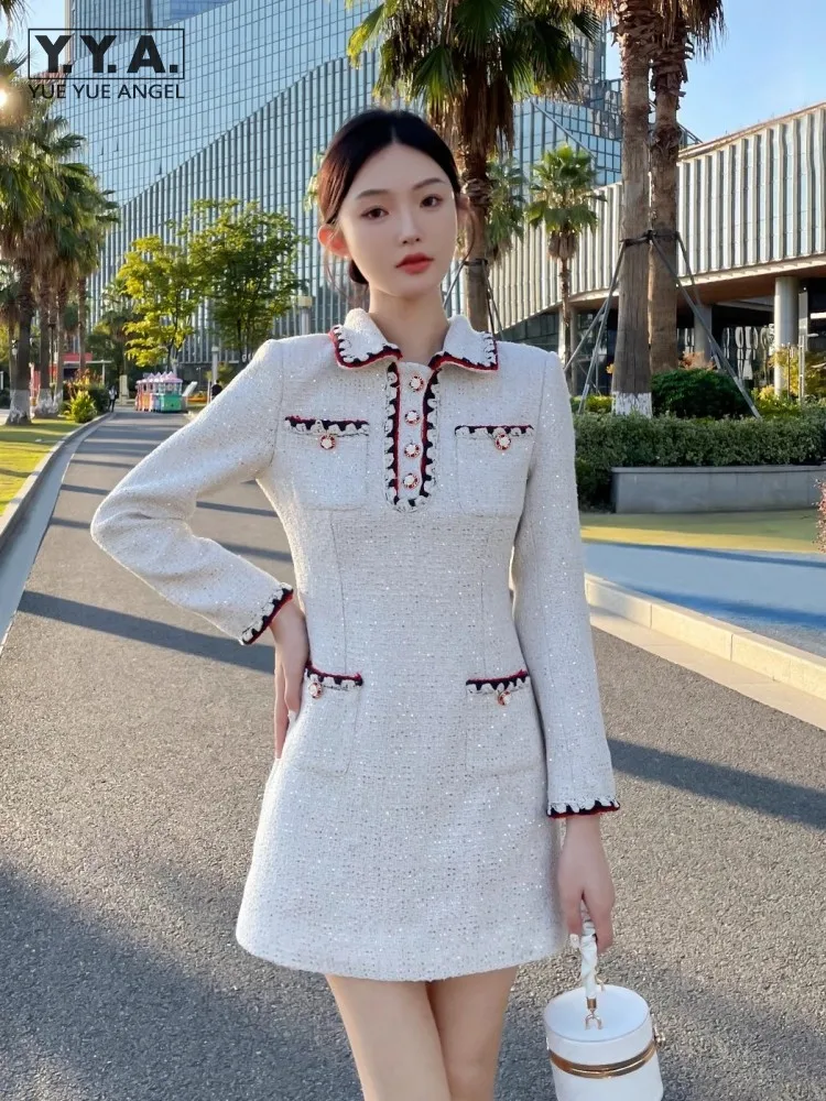 Office Ladies Slim Fit Elegant Tweed Dress Long Sleeve Spring Autumn Short A-Line Dresses Lapel High Waist Women Fashion Dress