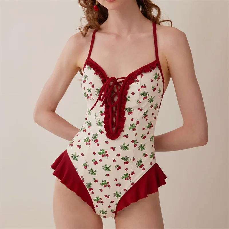 

2024 New Bikini One-Piece Swimsuit Stberry Print Beach Vaion Cover-Up Women's Casual Swimwear Strapl No-Pad Swimsuit