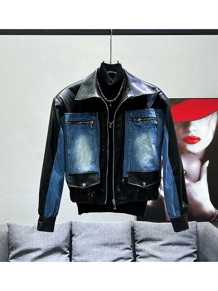 

Casual Contrast Color Splicing Leather Jaet Men's Loose ort Collar Jeans Sle Spring Faionable Youth Active Wear