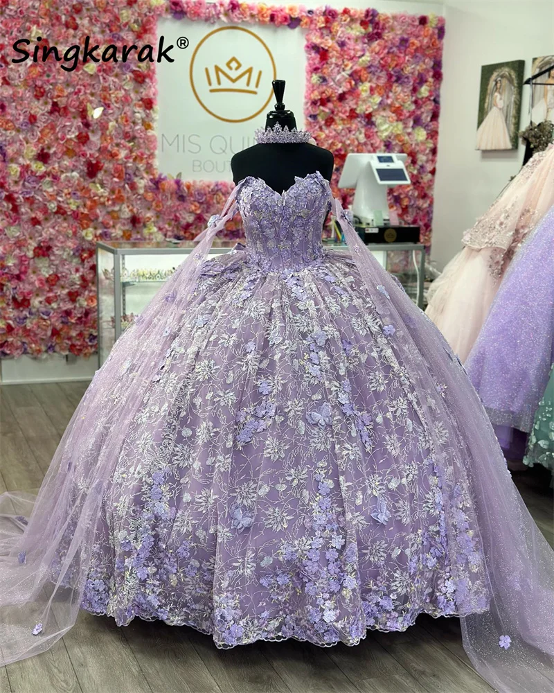 

Блестящее лавандовое бальное платье, платья для Quinceanera с вуалью, цветочной аппликацией и кристаллами, милое платье 16 лет, платья 15 лет