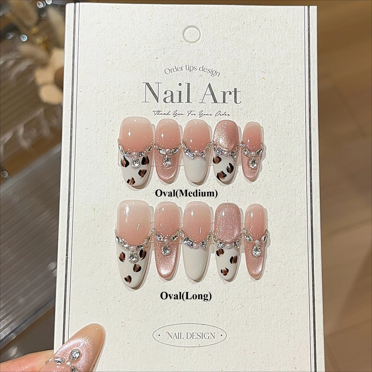 

10pcs Handmade Press on Nails Leopard Print French Gentle Pink Blush Cat Eye Broken Diamonds White Wearing False Nail