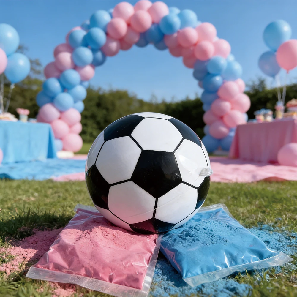1 Set Gender Reveal Party Football, Plastic Soccer With Pink & Blue Corn Powder image 3