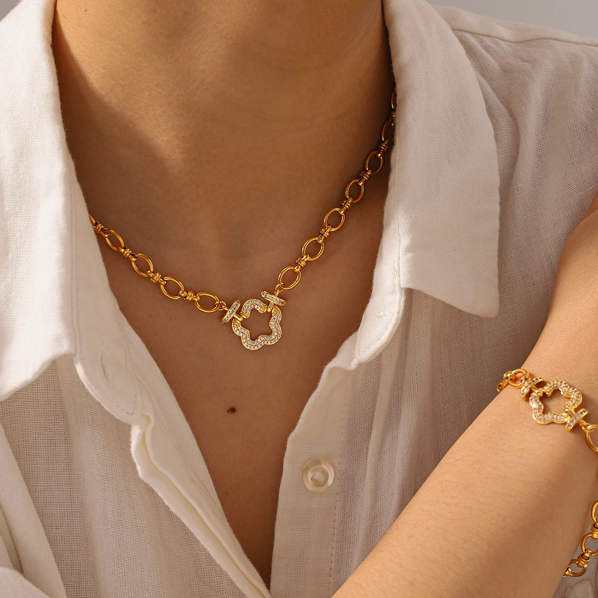 

Stainless Steel Clover Jewelry Set For Women 18K Gold Plated Paved Zircon Minimalist Elegant Non Tarnish Daily Wear Gifts