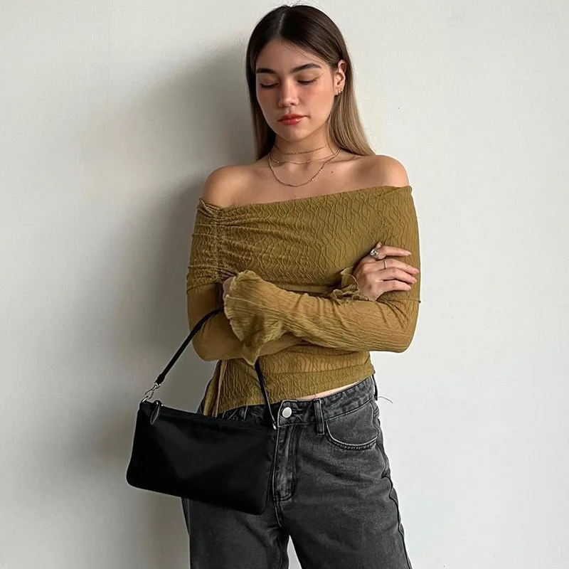 

Sexy Off-shoulder T-shirt For Women With Flared Sleeves Diagonal Neck Drawstring Top 2025 Spring New Hot Girl Party Club Y2k Top