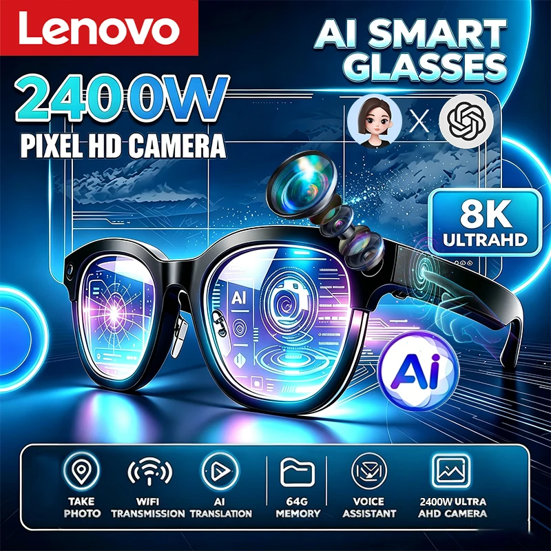 Lenovo Wireless AI Smart Glasses Touch Control Bluetooth Remote Photo Video Record Translator Voice Assistant óculos inteligente