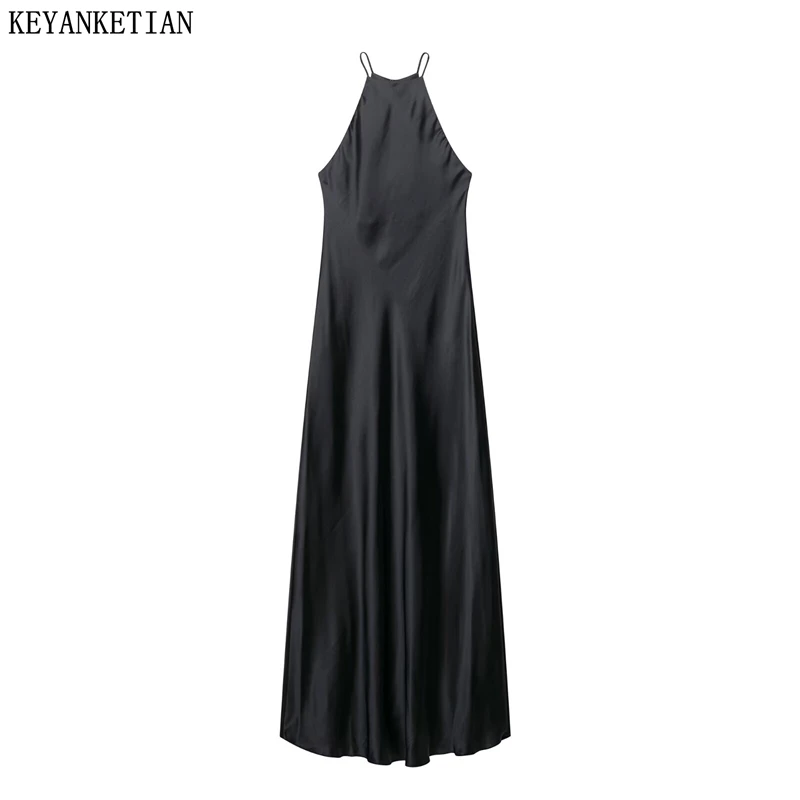 KEYANKETIAN 2025 nouvelles femmes soie Satin texturé Spaghetti sangle licou robe mode simplement mince noir une ligne robes MIDI