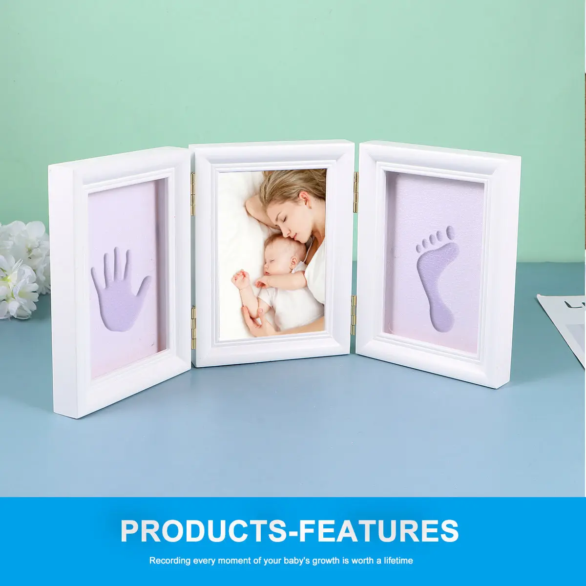1Pcs 3-Fold Pet Footprint Photo Frame Keepsake for Dog Cat with Center Photo Slot Side Paw Print Areas Safe
