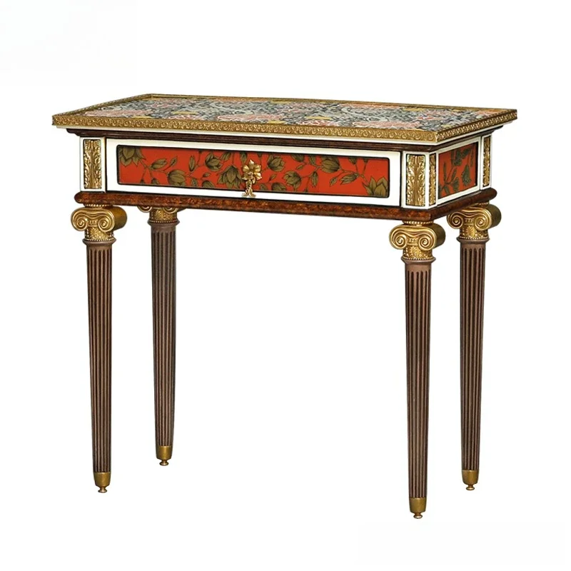 European classical living room small side table, hand-painted ceramic corner table solid wood coffee table side table