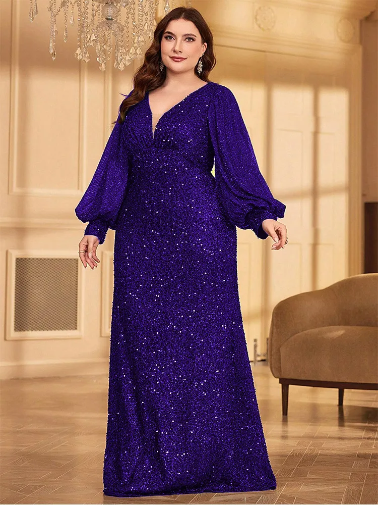 Plus Size V Neck Pink Shiny Long Sleeve Floor-Length Evening Gown 4XL 5XL Big Size Polarized Wedding Prom Gown Women