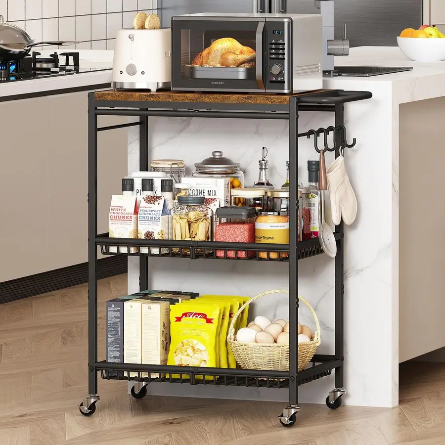 

Kitchen Cart with Push Handle, 3 Tier Rolling Cart with 2 Lockable Wheels, Vintage Kitchen Storage Cart with 210Lbs Customizable