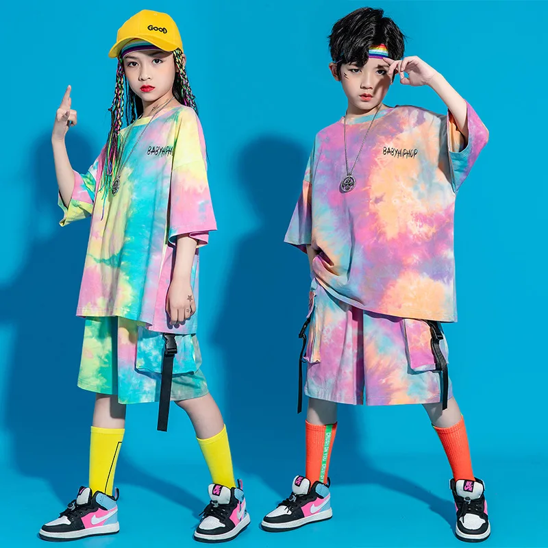 Kid Kpop Outfit Roupas para Menina Menino Gráfico Tee Tie Dye Oversized T Shirt Top Streetwear Carga Shorts Hip Hop Stage Costume