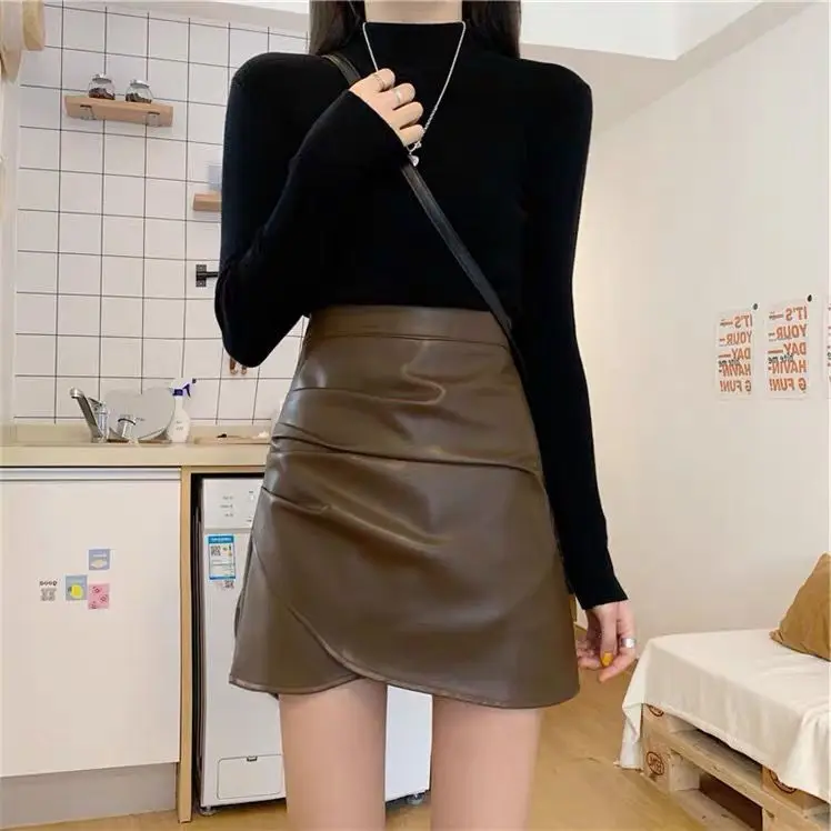 

Black Short Skirt Women Solid Leather PU s Ladies High Waist 2024 Autumn New Korean Fashion Y2k Clothes N41