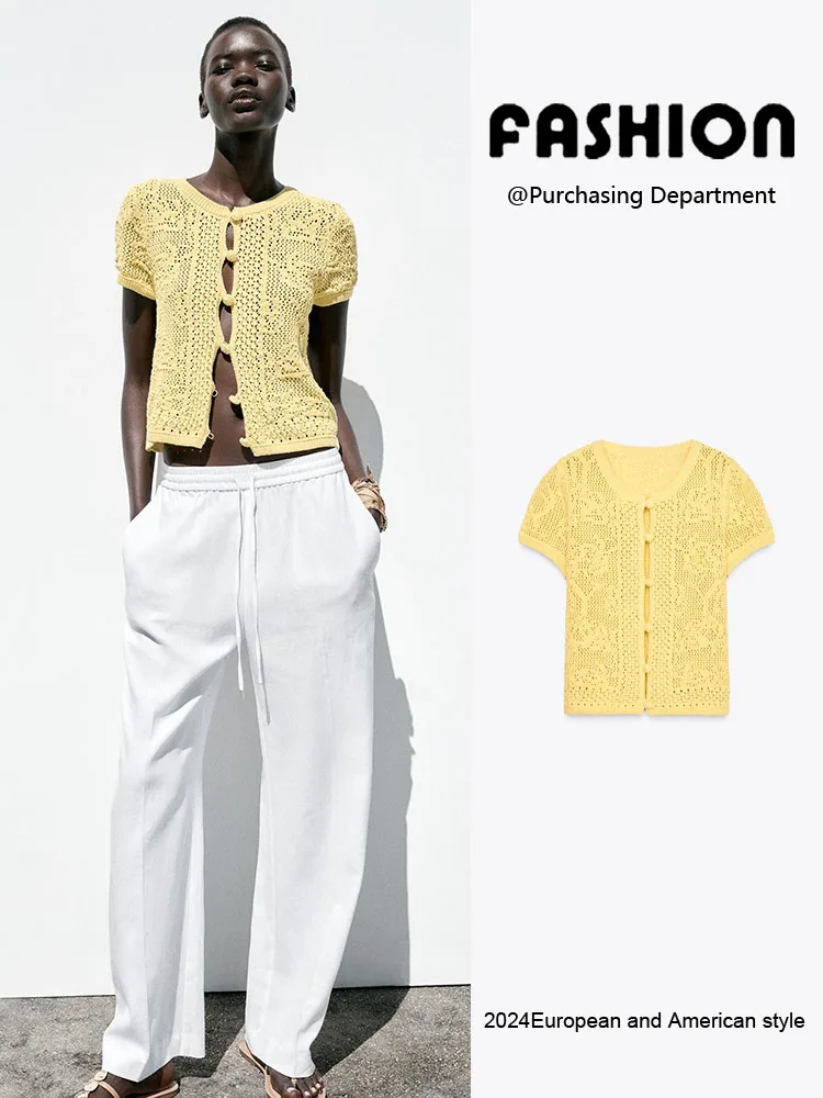 Nuova estate donna lavorata a maglia casual rotonda Ne ort Sve Top versatile tessuto a gancio confortevole traspirante colore pendolari...