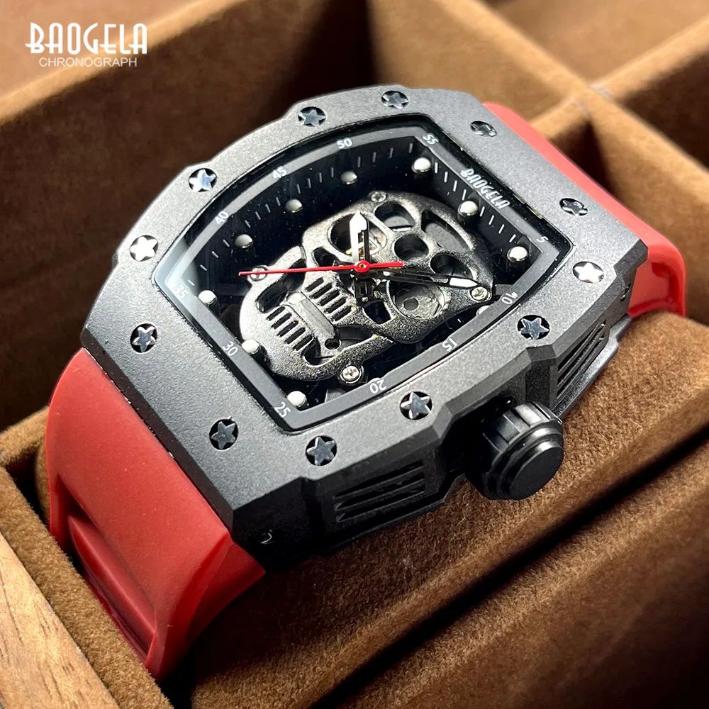 BAOGELA Sport Quartz Watch Men Red Silicone Strap Stainless Steel Case Wristwatch with Luminous Hands Tonneau Skeleton Dial 4141