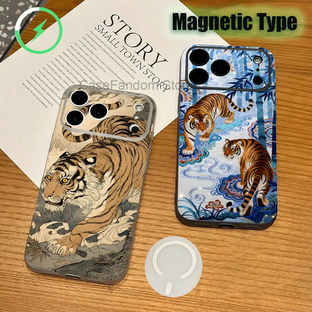 

J-Japanese Ukiyo-e Tiger Magnetic Wireless Charging Transparent White Phone Case For iPhone 17,16,15,14,13,12,11,Pro,Max,Plus