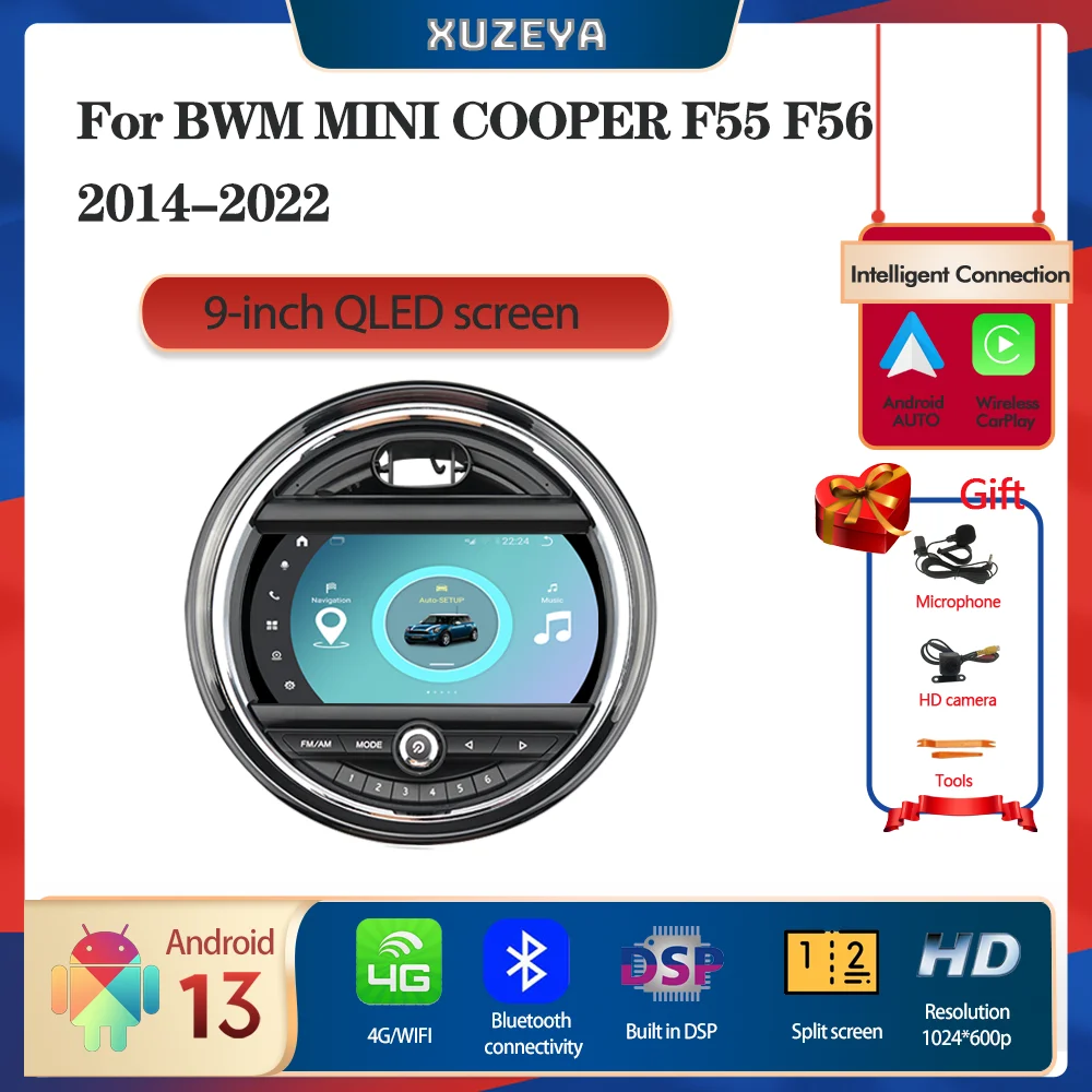 9.0-inch Android 13 For BWM Mini Cooper F55 F56 2014-2022    GPS Navigation Radio Carplay 4G Multimedia Player