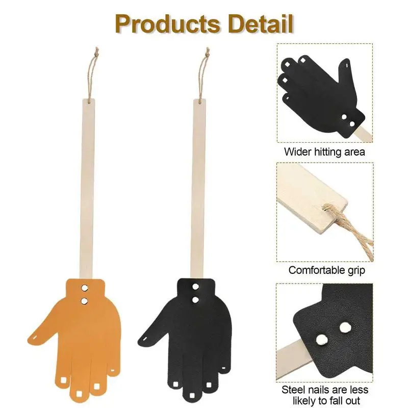 Leather Fly Swatter Hand Shape PU Leather Household Fly Swatter with Lanyard Wooden Handle Fly Swatter Indoor Fly Swatter