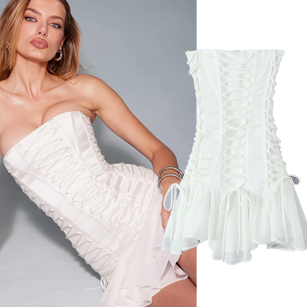 

Dave&Di French Minimalist Satin Strapless Dress Women Sexy Fashion Bandage Ruffles Mini Dress For Summer