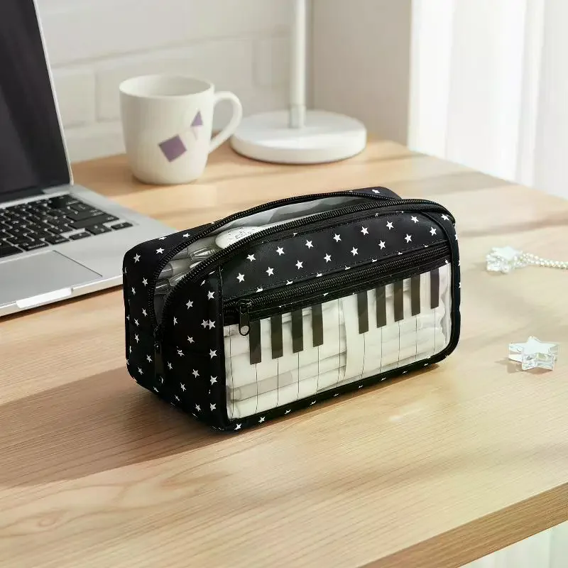 1Pcs Kawaii Star Piano Keyboard Print Pencil Case Multi‑Layer Large‑Capacity Pen Bag With Clear Window For School Students