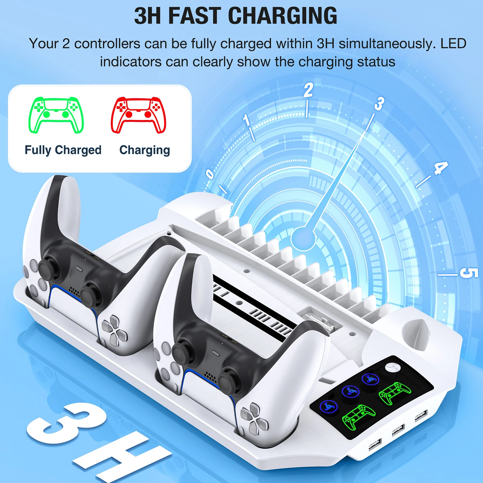 Dinofire PS5 Lüfter Für PS5 Disc & PS5 Digitale Dual Controller Charing CD Ständer mit Headset Halter Multi-funciton PS Stehen