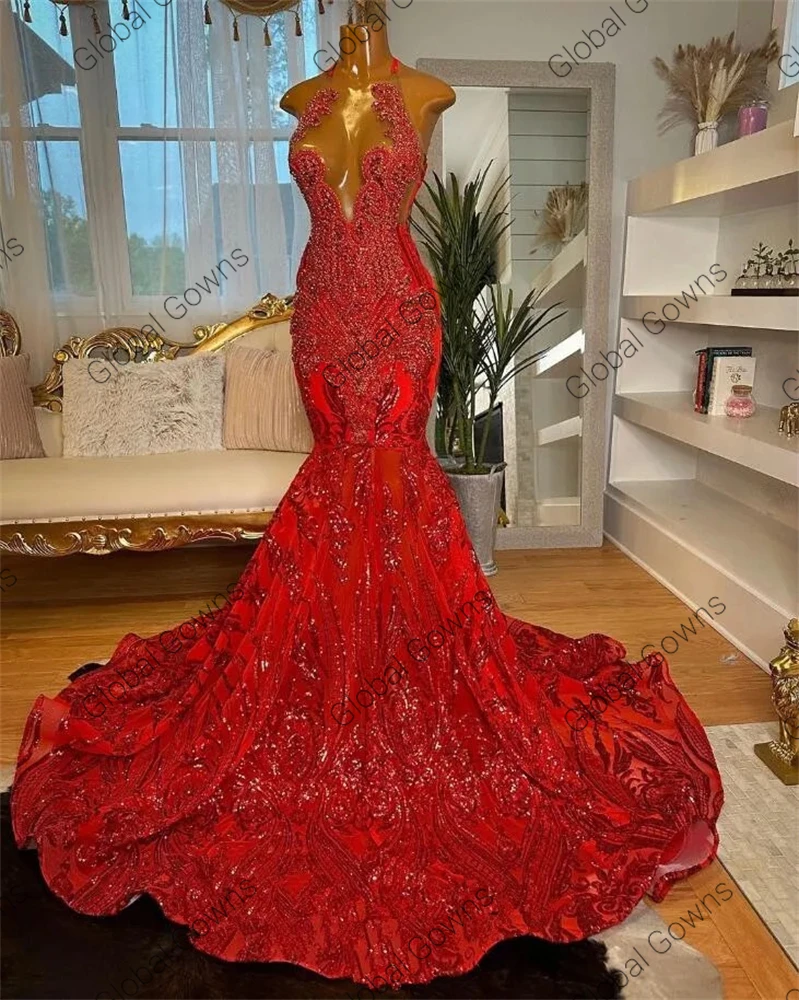 Red Halter Long Prom Dress For Black Girls 2024 Rhinestone Birthday Party Gowns Sequin Ruffles Evening Gown With Cape Customized