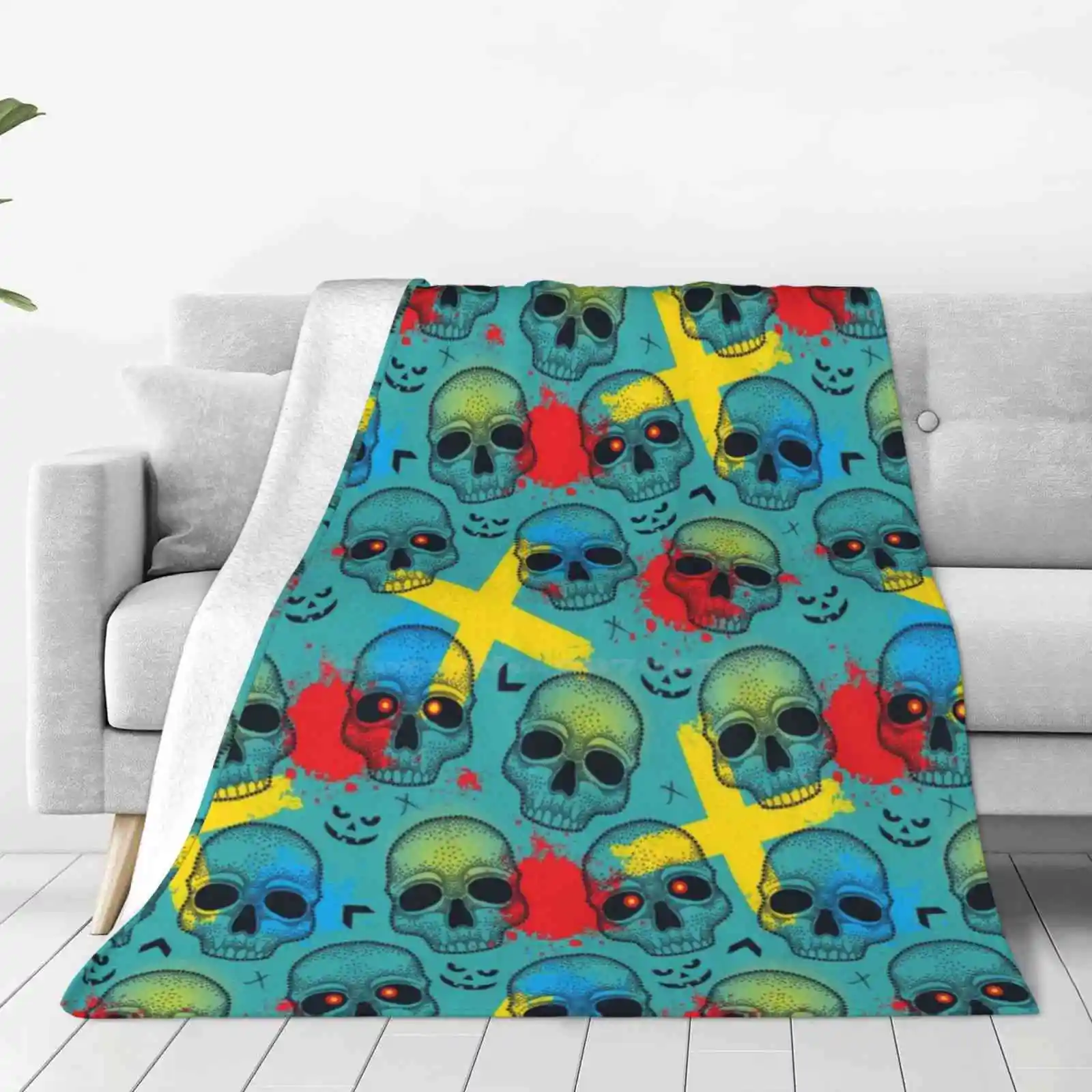 Pattern With Dotted Skull , Arrows , Crosses And Red Blots. New Print Novelty Fashion Soft Warm Blanket Halloween Skull