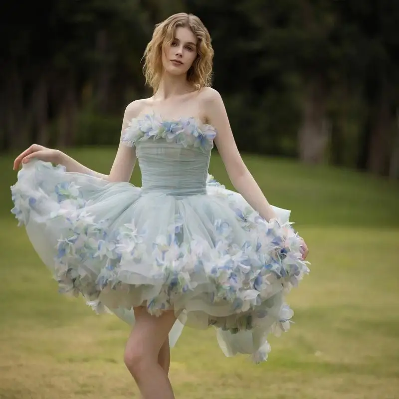 Strapless Chiffon Short Evening Gown For Coming Of Age Birthday Princess Three-dimensional Flower Cute Fluffy Skirt Customized
