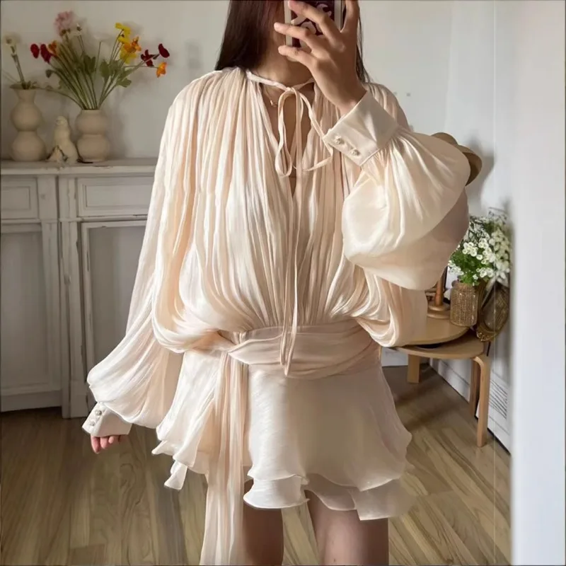 

Women Two Pieces Sets Elegant Ruched Mini Dress+Shorts Summer O-Neck Lantern Long Sleeve Dresses Solid Color Female Chic Outfits