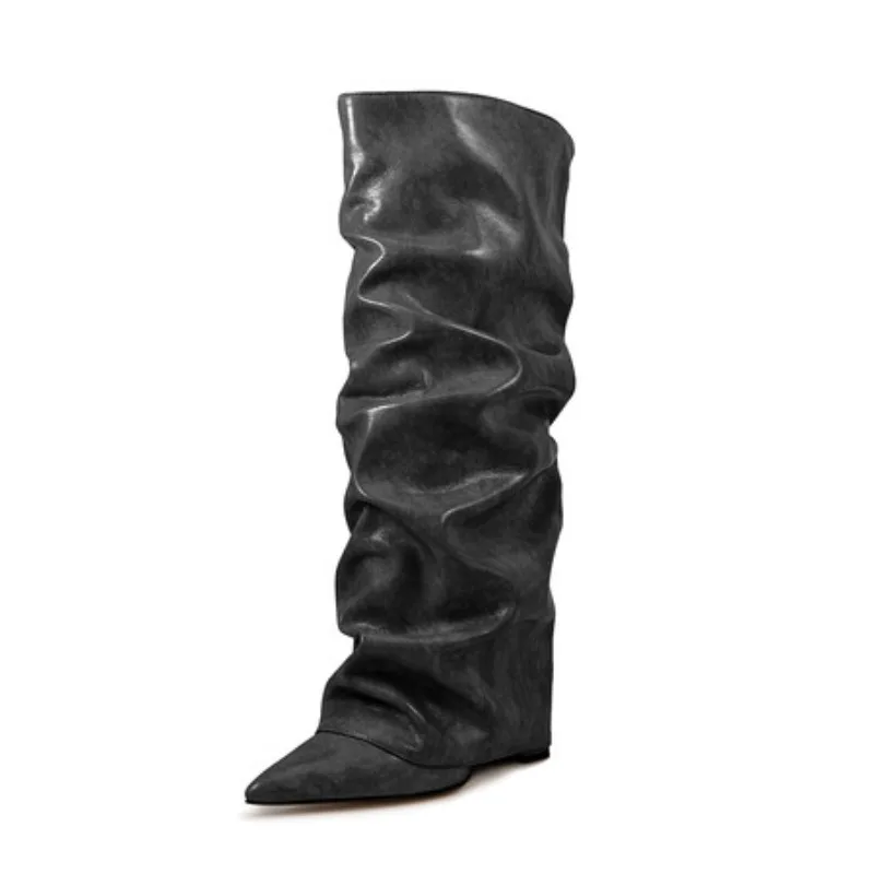 Street Style Women's Knee High Boots with Sloping Heels, Pointed Pointed Horse Boots, Knee High Pleated Thigh High Boots