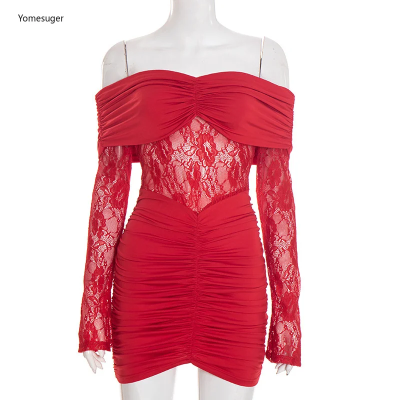 Yomesugar Sexy Lace Patchwork See Through Mini Dress Women Ruched Off Shoulder Full Sleeve Skinny Gown Birthday Party Clubwear