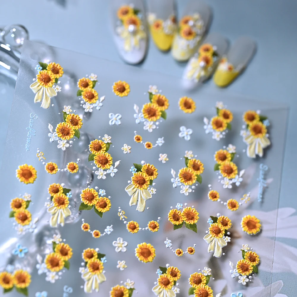 

1Pcs 5D Summer Sunflower Nail Stickers Yellow Daisy Flower Bowknot Nails Decals Self-adhesive Floral Manicure Decorations Slider