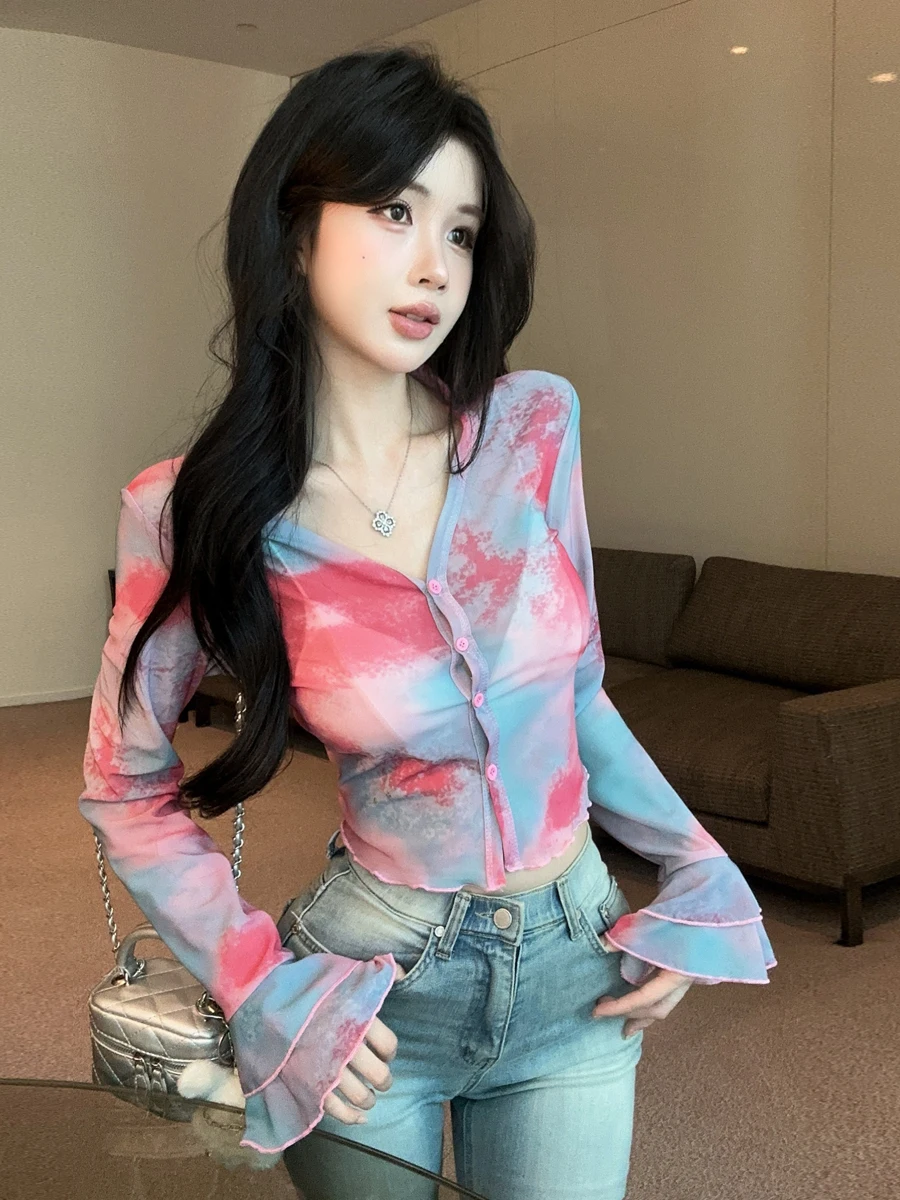 

Stunning Tie Dye Print Netting Wood Grain Bell Sleeve Open Cardigan Sun Protection Shirt Shawl Small Jacket Top for Women