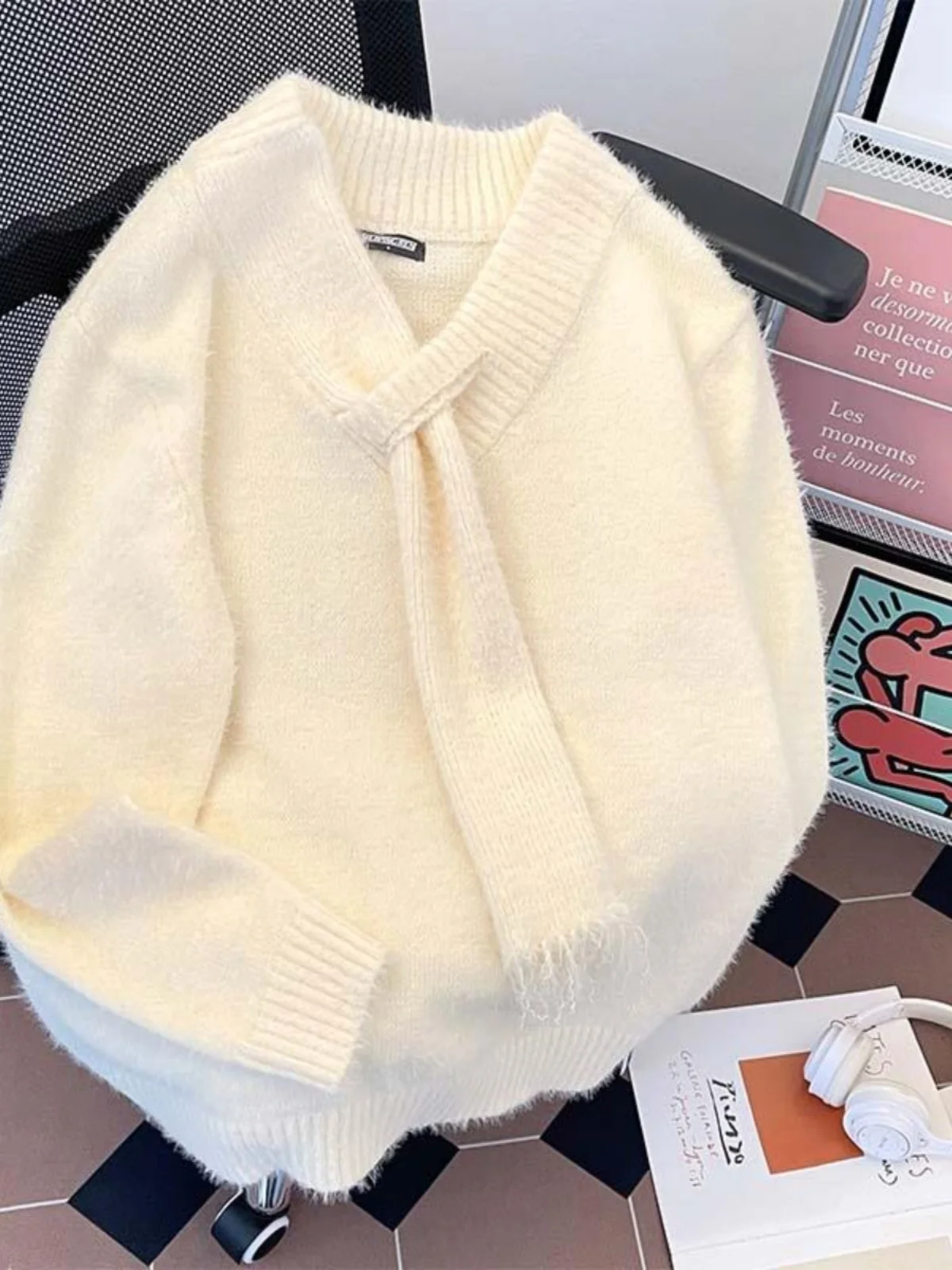 Maglieria tagliente oversize attaccata con sciarpa da uomo autunno inverno pelliccia di visone maglione con scollo a V soffice maglione streetwear invecchiato pullover