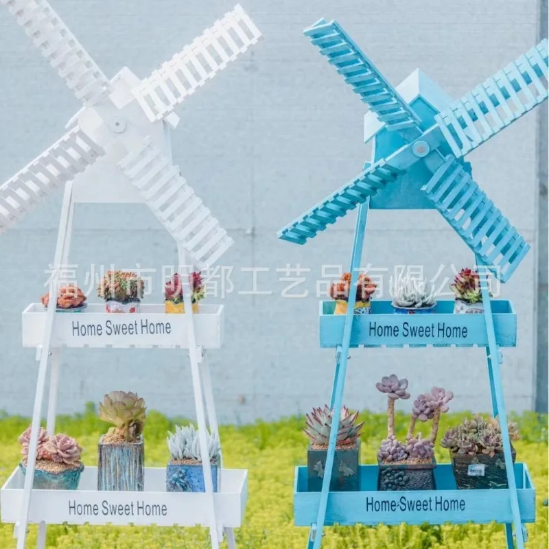 Wooden Windmill Flower Stand Shelf Home Creative Decoration Clothing Store Window Soft Decoration Ornament Floor Flower Stand